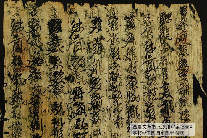 西夏文草書《瓜州審案記錄》，素材@中國國家圖書館